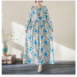 Casual Dresses Floral Cotton Linen Maxi Women Retro Wrinkle O Neck Robe Female Leisure Holiday Cloth Long Sleeve Swing Vestidos