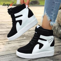 Casual Shoes Black Sneakers Women 2024 High Top Platform Wedges Female Internal Increase Vulcanize Lace-up