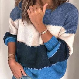 Women's Sweaters Fashion Warm Long Sleeve Knitted Sweater Woman Casual O Neck Striped Pullover Women Contrasting Winter Knitweas 30460