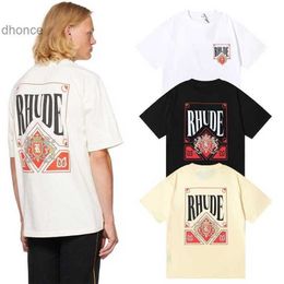 Men's and Women's Trends Designer Fashion Rhude Micro Logo Letter Card Printed Short Sleeved T-shirts for Men Women High Street Loose Half Sleeves