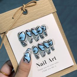 Emmabeauty Pure Handmade Handpainted Press On Nails Blue Butterfly Ice Transparent Summer RemovableNoEM3211 240430