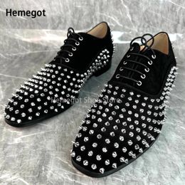 Casual Shoes Silver Rivet Black Suede Men Lace-Up Flats Loafers Office Leisure Genuine Leather Luxury Wedding