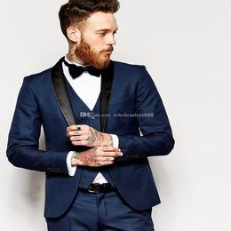 Side Vent Slim Fit Groom Tuxedos Shawl Collar Men's Suit Navy Blue Groomsman Bridegroom Wedding Prom Suits Jacket Pants Tie vestJ7 285D