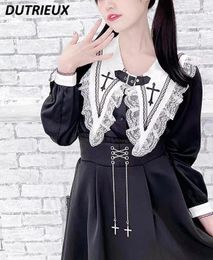 Women's Blouses Rojita Large Lapel Black Bottoming Shirt Embroidered Japanese Style Blouse For Women Mine Mass-Produced Slim Long-Sleeve