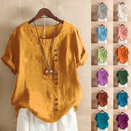 Women's T-Shirt 2023 Summer Casual Linen Cotton Shirt Womens Elegant Button Short sleeved Shirt Plus Size Tanic Boho Top and ShirtL2405