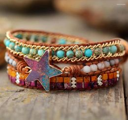 Charm Bracelets Vintage Star Imperial Jasper Bracelet Colourful Emperor's Stone Beads Wrapped Leather Healing Jewellery