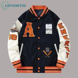 Woven Fabric Combination Leather Coat Stitch Varsity Jacket Mens Color Block Button Up Jacket For Spring Fall School Baseball 240426