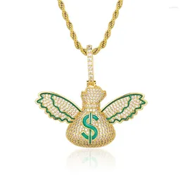 Pendant Necklaces Hip Hop Claw Setting CZ Stone Bling Iced Out Flying Dollars Money Bag Pendants For Men Rapper Jewellery