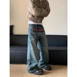 American Retro Men and Women Lavato lettera di gamba dritta personalizzata jeans Trendy hiphop hiphop pantaloni casual micro sciolti 240430 240430