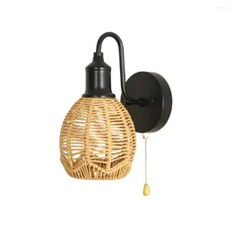 Wall Lamps Bedroom Bedside Aisle Background Lamp Rattan Pastoral Style Zipper Modern Woven Cage Pull Cord