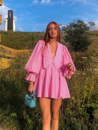 Casual Dresses Plaid Collar Doll Mini Dress Women Long Flare Sleeve High Waist Slim Zipper Pink 2024 Spring Summer Female Robe