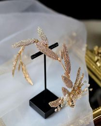 Hair Clips Barrettes Bride Elegant Crystal Pearls Floral Hairband With Earrings Gold Retro Leaves Head Piece Luxury Headband Wed6444444