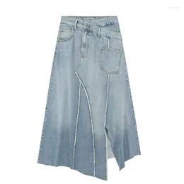 Skirts Irregular Light Blue Bleached Pockets Maxi Long Denim