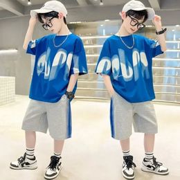 Boys Summer 2pcs Hiphop Style Leisure TshirtsPants Short Sleeved Suits 414 Years Teenage Korean Style Kids Streetwear Clothes 240507