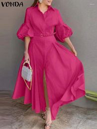 Casual Dresses VONDA Elegant Maxi Dress 2024 Women Fashion Lantern Sleeve Buttons Big Swing Party Shirt Sundress Solid Robe