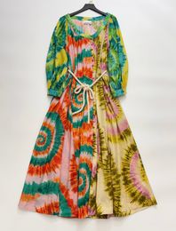 Designer dress, printed tie dye, waistband tie up, loose round neck, pure cotton dress, medium length skirt, summer dress