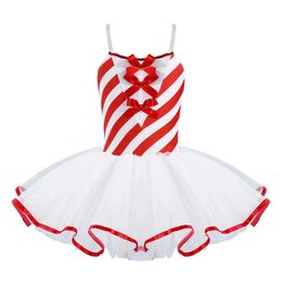 女の子のドレス子供と女の子のクリスマスダンスドレスノースリーブバレエダンサーコスチュームボウストライププリントメッシュTutu Gymnastics Stage Dance Costumel240508