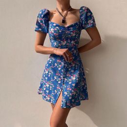 Casual Dresses Women'S Square Neck Slim Fit Woman Party Night Bubble Short Sleeves Floral Print Mini Dress With Button Front Vestidos