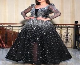 Black Gold Sequined Evening Dresses Long Sleeve Luxury High Side Split Prom Gown with Detachable Train Long Formal Party Gown8704917