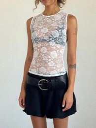 Women's Tanks Chic Women Sleeveless Tank Tops 90s Vintage Fairy Coquette Mesh Rose Lace Sheer Crop Sexy See Through Tees Y2K Streetwear