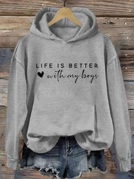 Women's T Shirts Rheaclots Life Is Better With My Boys Printed Long Sleeves Hoodie