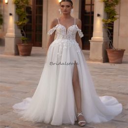 Civil Boho Gatsby Wedding Dresses 2024 Spaghetti Straps Plus Size Slit Bohemian Wedding Dress Gorgeous Backless A Line Tulle Bridal Dress Beach Vestios Novia Boda