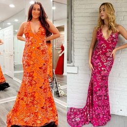 Long Fitted Formal Party Dress V-Neck Iridescent Sequin Floral Sheath Celebrity Pageant Prom Evening Event Special Occasion Met Gala Red Carpet Runway Gown Orange