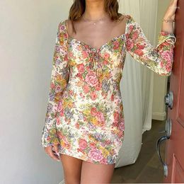 Casual Dresses Spring Sexy V-neck Tie Mini Dress Women Long Sleeve Sweet Party Autumn Elegant Floral Print Backless Hip Wrap