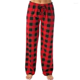 Women's Pants Casual Elastic Waistband And Plaid Drawstring Wide Leg Ladies Red Black Print Woman Trousers