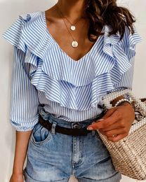 wsevypo Blue Striped Ruffles Collar Blouse for Women Summer Tops Office Lady Half Sleeve VNeck Shirts Elegant 240507
