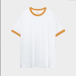Heavyweight pure cotton Colour contrast patchwork short sleeved T-shirt with custom printed logo and edge edging, work uniform, class uniform, cultural shirt DIY