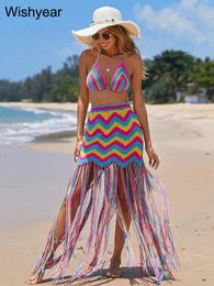 Sexy Summer Knited 2 Pieces Dress sets Women's Crocheted Bikini Top and Lace Up Tassel Skirt Suits Beach Party Clubwear Outfits 240416