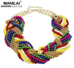 MANILAI Multi layer Simulated Pearl Statement Chokers Necklaces For Women Handmade Woven Chain Multicolor Beaded Chunky Necklace1419856
