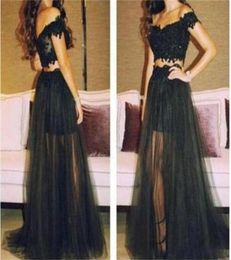 Fashionable Prom Dresses Cute New Style Long Black Two Pieces See Through Unique Party Gowns Lace Off Shoulder Evening Dresses Onl5259631