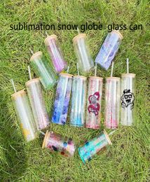 16oz Double Wall Sublimation Glass Can Snow Globe glass Tumbler Beer Glass clear Drinking Glasses With Bamboo Lid And Reusable Str8215537