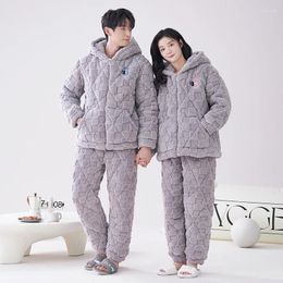 Women's Sleepwear High Quality Couple Hooded Pyjamas Set Thick 3 Layers Pyjama Winter Knited Cotton Quilted Pyjamas Women Men Home Wear