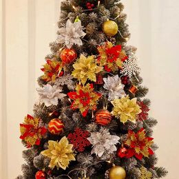Decorative Flowers 2024 Christmas Decoration Artificial Poinsettia Flower Head Golden Red Silk For Xmas Ornament Party Home Decor
