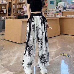 Women's Pants Trousers Lace-Up Oversized Chubby Chinese Style Ink Wash Ice Silk Wide Leg Summer Casual Straight Mop 6XL