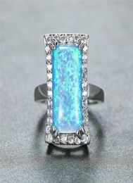 Wedding Rings Vintage Silver Colour Ring Big Rectangle Stone Engagement Cute Female White Blue Fire Opal For Women Jewelry4580057