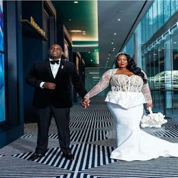 Uzun Elbiseler Afrika boyutu artı Düğün Denizkızı Kollu Dantelli Alkollü Gelin Gowns Süpürme Tren Özel Yapımı Dantel Saten Testidos De Novia