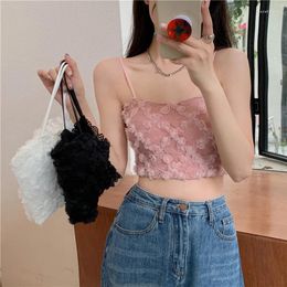 Women's Tanks Women Summer Rose Lace Tank Top Sexy Off Shoulder Crop Tops With Bra Pad Backless Sweet Outer Wear Underwear Solid Tube