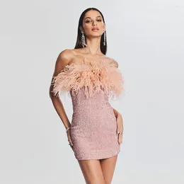 Casual Dresses Pink Colour Women Sexy Shinning Sequins Feathers Strapless Bodycon Mini Dress Fashion Birthday Party Celebrate