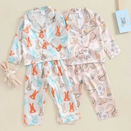 Pajamas Toddler Baby Boy Boy Easter Pajamas Bunny Print Pjs Sets Button Up Tirt + Pajama Pants Sets Kids Sleepwear Complements H240508