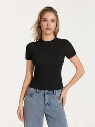 Women's Tanks Women Ribbed Slim Fitted Crop Tops Short Sleeve Crew Neck Tigh Tee Shirts Lettuce Trim Going Out Basic Tees