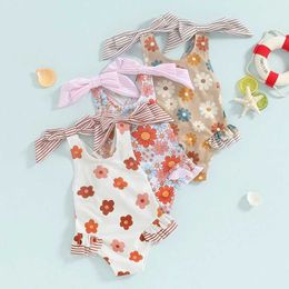 Pieces de uma Peça de uma criança impressão floral estampa floral tiras de ombro de bowknot 1 peça de maiô sem mangas de babados de verão na praia de traje de banho h240508