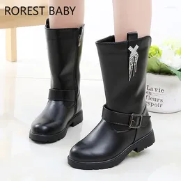 Boots Children'S Winter For Girls Rhinestone Flower Fashion Plush Princess Flats Dress Shoes Black Red Non-Slip Snow