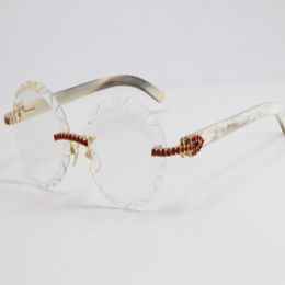 Selling Red Big Stones Rimless sunGlasses 3524012 White Genuine Horn Buffalo Horn Glasses Oversized Round Eyewear Designer Mens Women L 282O