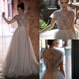 2020 Modest Keyhole High Neck Short Sleeve A Line Evening Lace Applique Beaded Crystal Ruffles Formal Dresses Sweep Train Party Gown 0508