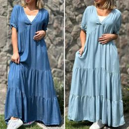 Casual Dresses Party Maxi Dress Elegant V Neck With Side Pockets For Women A-line Patchwork Hem Pleated Solid Colour Plus Size Short