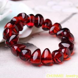 Red Amber Bracelet Women Men Natural Baltic Blood Ambers Beads Elastic Beaded Bangle Triangle Bracelets Accessories Jewellery 240508